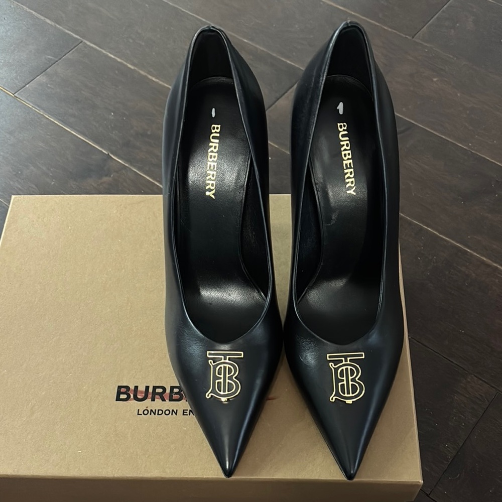 Burberry Black Ezra 100 Heels with Gold TB Monogram